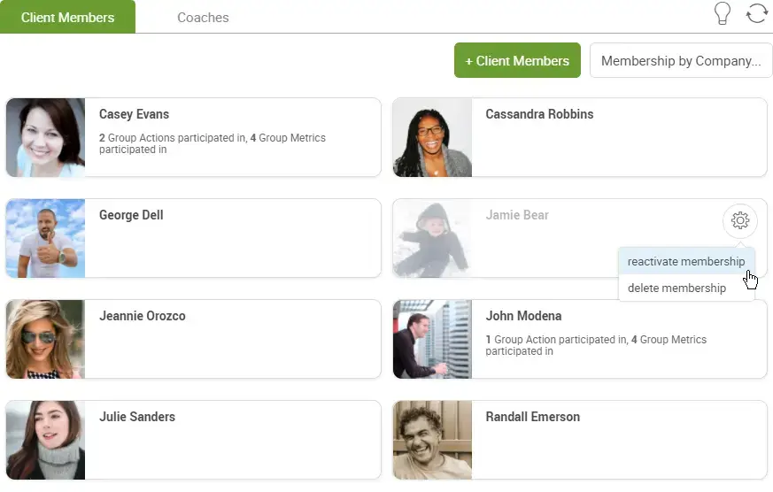 CoachAccountable group coaching example showing list of "Client Members" 