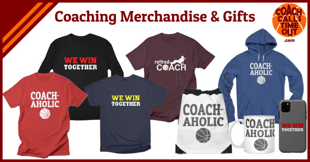 Array of clothes and merchandise like mug, bag and cell phone case with coach-related sayings on each item of merchandise 
