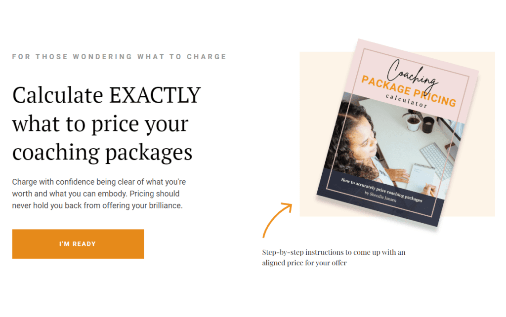 Landing page to get a coaching package pricing calculator