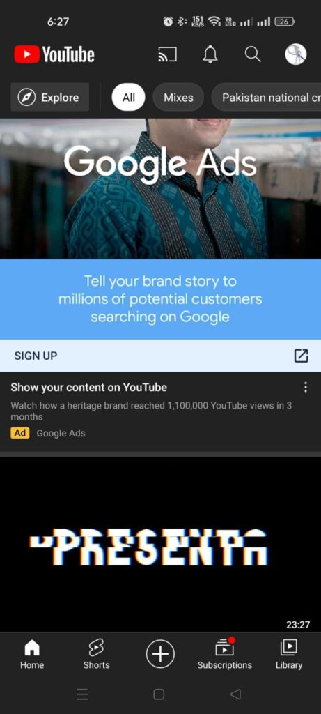 Configure Your YouTube Live Stream And Go Live - Mobil YouTube app screen with Google Ads and menu at bottom to select + sign