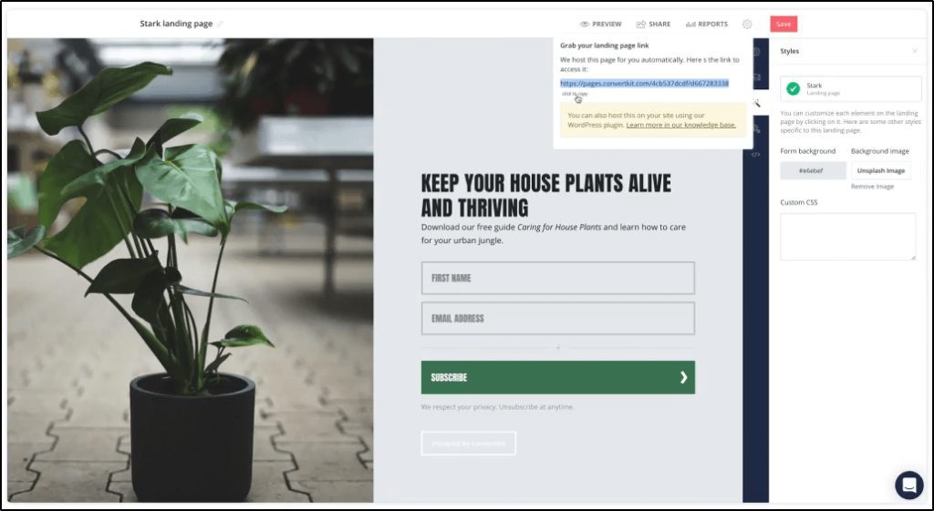 ConvertKit "Stark" landing page "Keep your house plants alive and thriving"