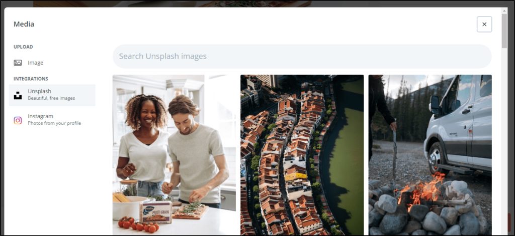 ConvertKit page showing option to insert Unsplash images