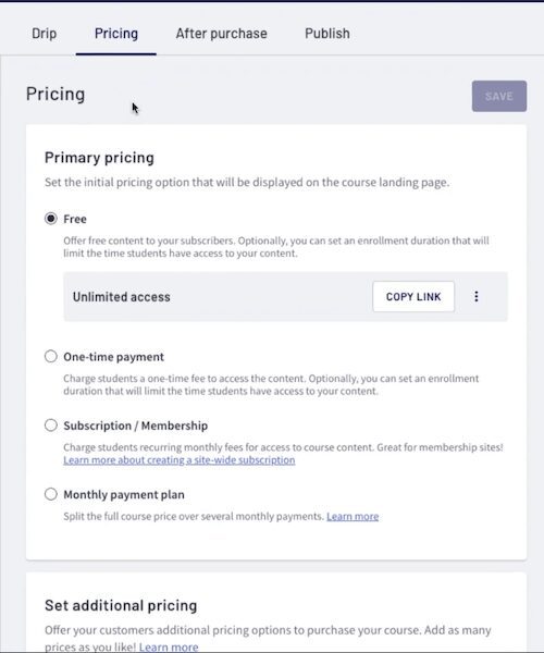 list of 4 primary pricing options with free button chosen 