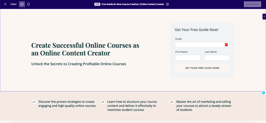 Create Successful Online Courses as an Online Content Creator in middle with a section to Get Your Free Guide Now! and 3 ways it helps on bottom