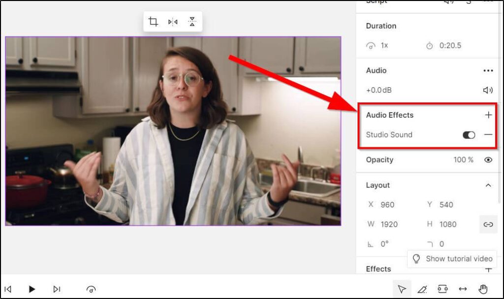 image of girl in kitchen with hands up and red arrow pointing to red box around Audio Effects