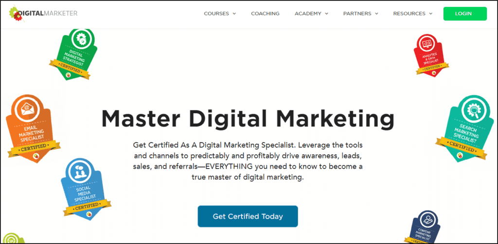 Digital Marketer- Master Digital Marketing sales page with "Get Certified Today" button