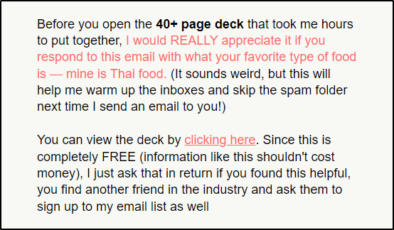 Email example asking a question -"Respond to this email with what your favorite type of food is..."