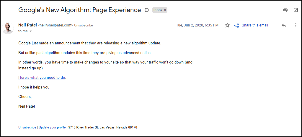 Example email from Neil Patel about "Google's New Algorithm: Page Experience"