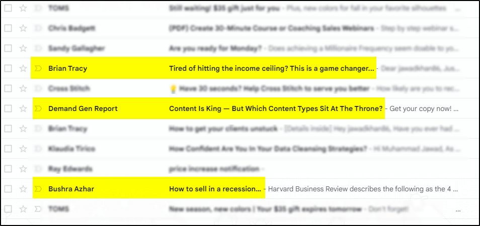 Email subject lines highlighted in yellow, examples that stand out