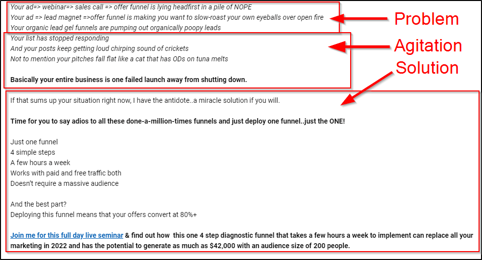 Example email using PAS formula, red arrows pointing at red boxes around different areas of content: Problem, Agitation, Solution"