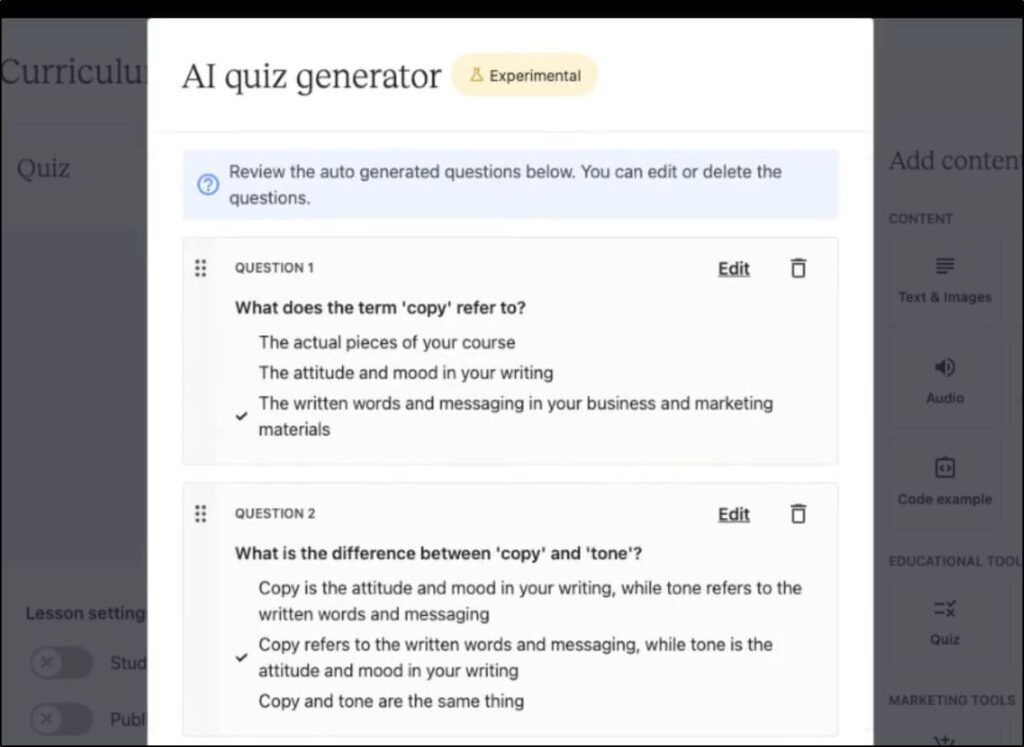 AI quiz generator with 2 sample questions