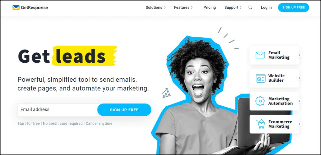 GetResponse home page "Get leads, Powerful, simplified tool to send emails, create pages, and automate your marketing"