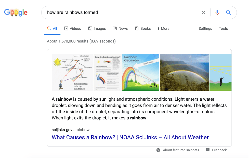 Image of Google snippet for "how are rainbows formed"