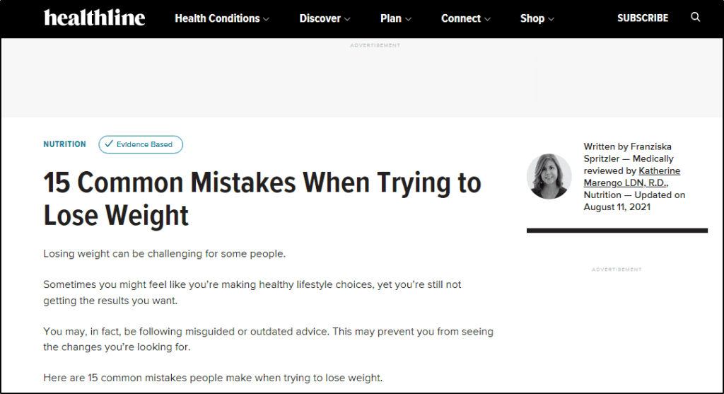 Healthline post - "15 Common Mistakes When Trying to Lose Weight"