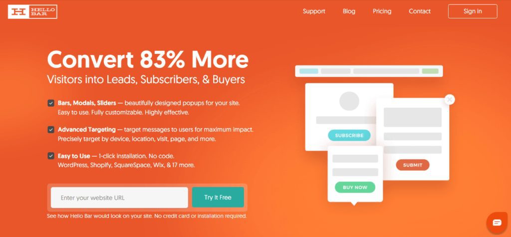 Hello Bar home page "Convert 83% More Visitors into Leads, Subscribers, and Buyers"