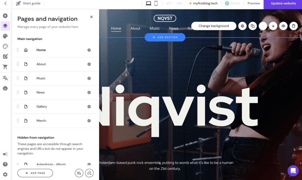 Page and navigation on left
NQVST homepage on right where you can add section, change background