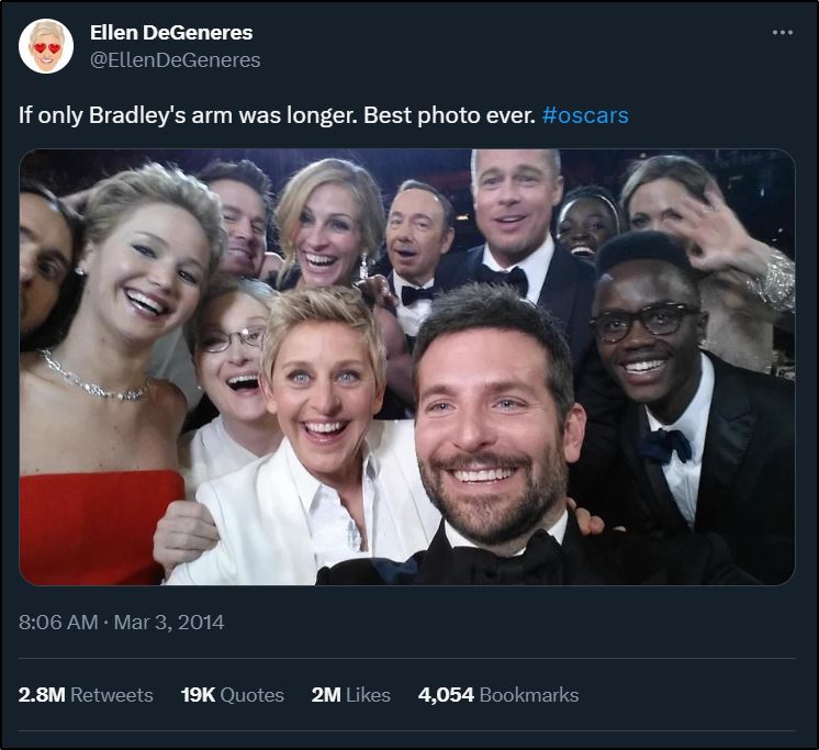 Photo of celebrities taking a selfie at the Oscars in 2014 with caption of
If only Bradley's arm was longer