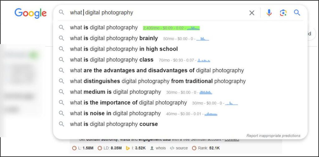 what digital photography in search term with other related search terms underneath it