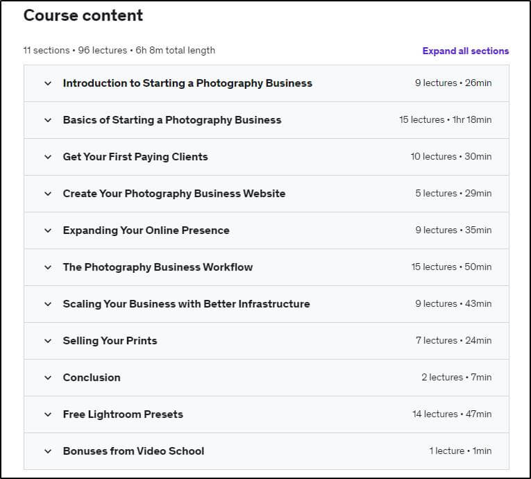 Course content
11 sections 96 lectures 
Expand all sections
Headers with arrows to left of text and how many lectures and length on the right side