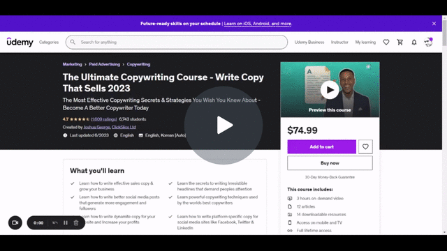 The Ultimate Copywriting Course Write Copy That Sells 2024
with video next to it add to cart button in purple
buy now button
Includes What you'll learn 
