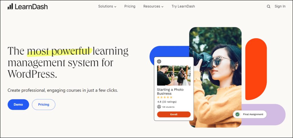 LearnDash homepage screenshot with text The most powerful learning management system for WordPress