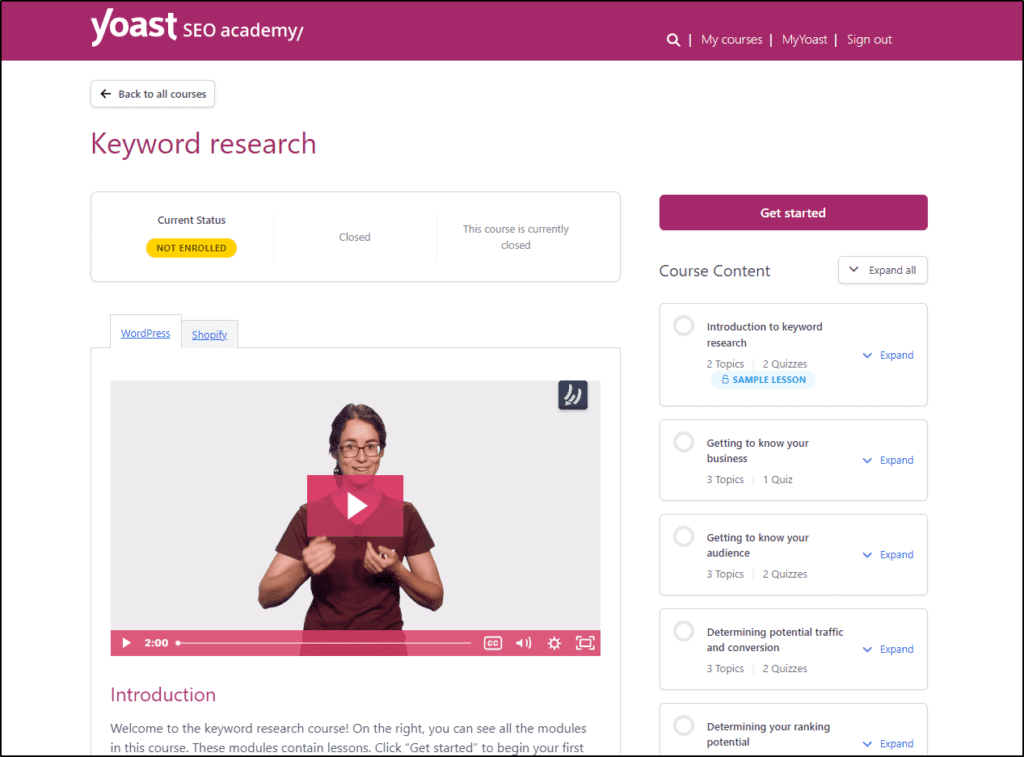 Yoast SEO Academy Keyword Research webpage