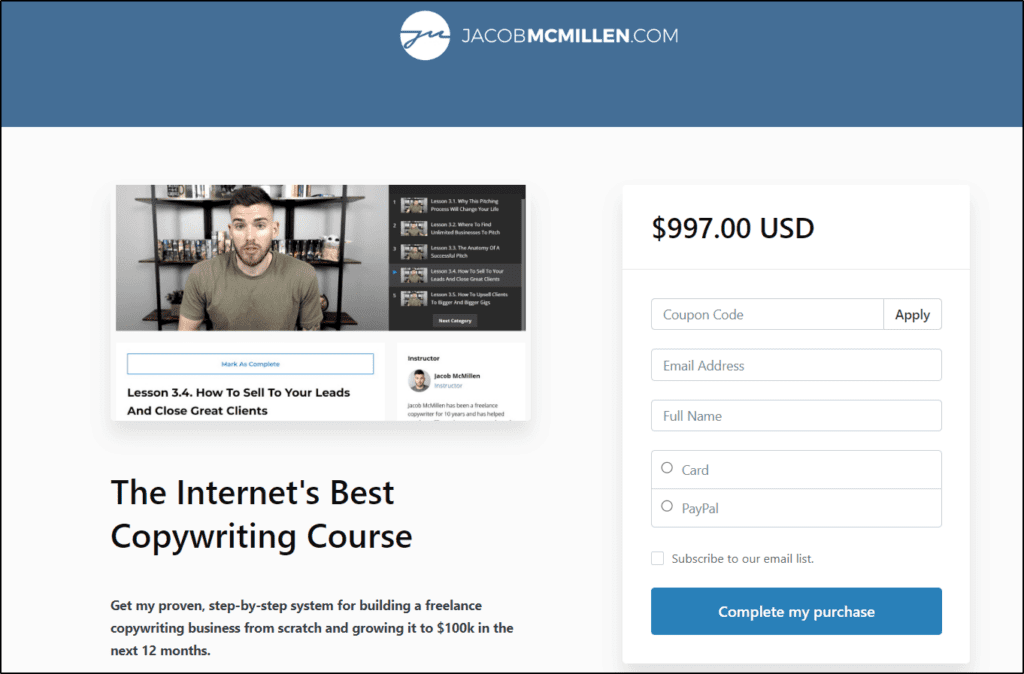 Jacob McMillem The Internet's Best Copywriting Course checkout page $997 USD