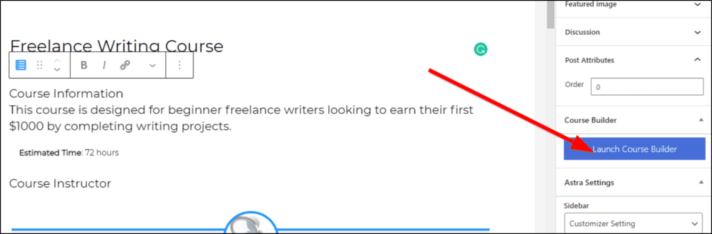 Freelance Writing Course page with red arrow pointing to Launch Course Builder