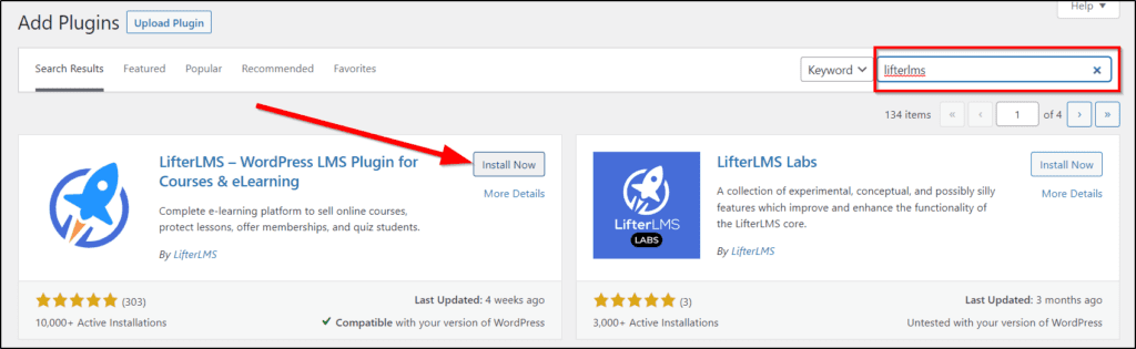 Add Plugins WP Page with liferlms in Keyword box and a red arrow pointing to Install New next to LifterLMS Labs