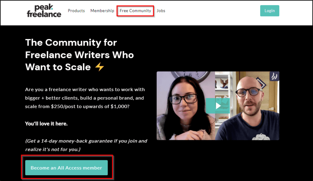 Peak Freelance Free Community page: 
The Community for Freelance Writers Who Want to Scale ⚡️

Are you a freelance writer who wants to work with bigger + better clients, build a personal brand, and scale from $250/post to upwards of $1,000? 

You'll love it here. 

(Get a 14-day money-back guarantee if you join and realize it's not for you.)
Become an All Access member