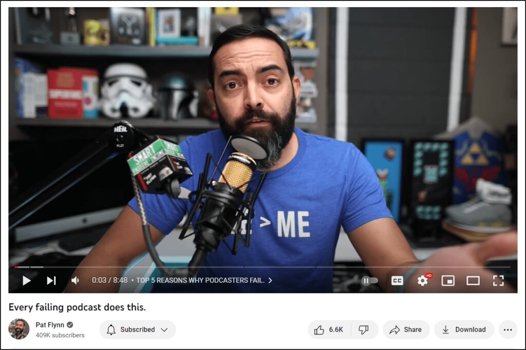 YouTube screenshot of Pat Flynn talking into mic on his podcast  