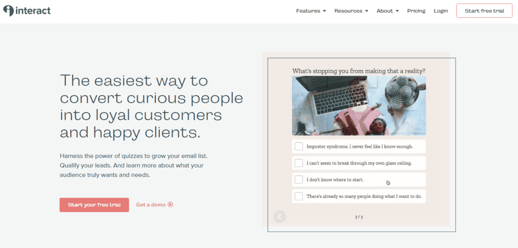 Interact home page "The easiest way to convert curious people into loyal customers and happy clients"