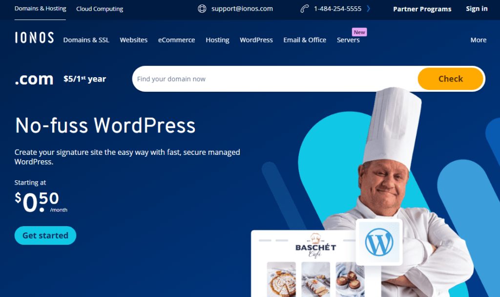 Ionos home page "No-fuss WordPress"