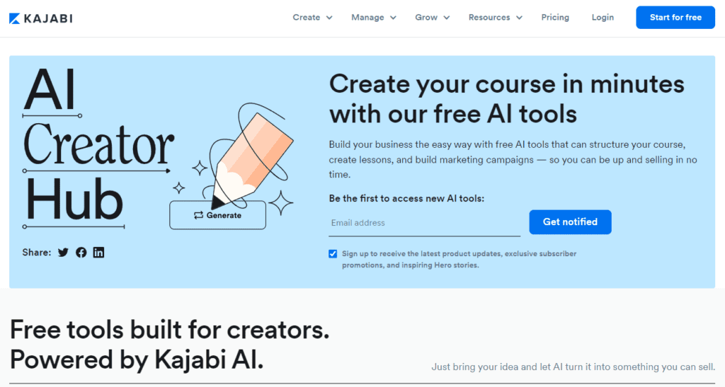 Screenshot of AI Creator Hub 
where you can put in email address to access new AI tools