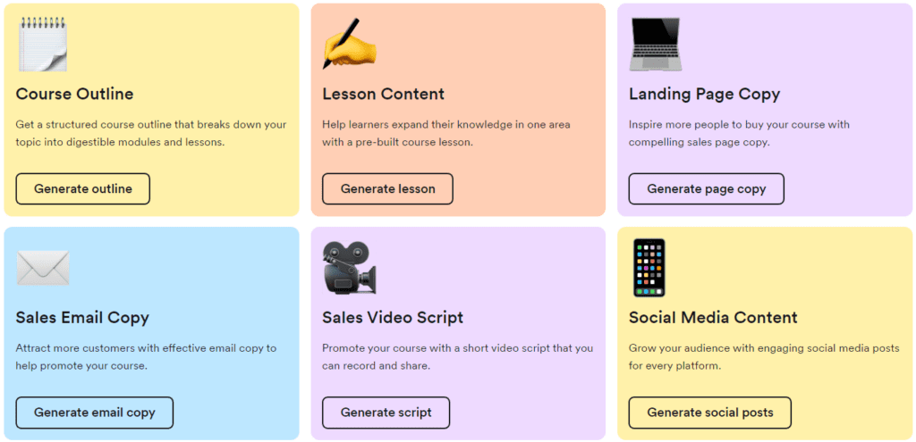Different Boxes of content you can create
Course Outline
Lesson Content
Learning Page Copy
Sales Email Copy
Sales Video Script
Social Media Content