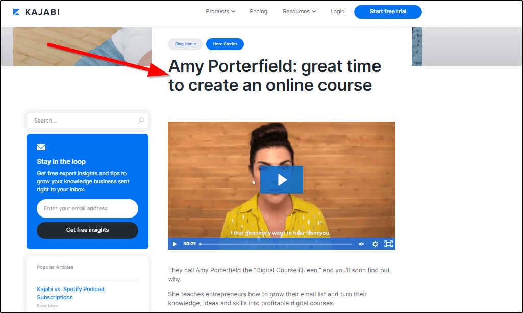 Kajabi post -"Amy Portherfield: great time to create an online course" with red arrow pointing at title