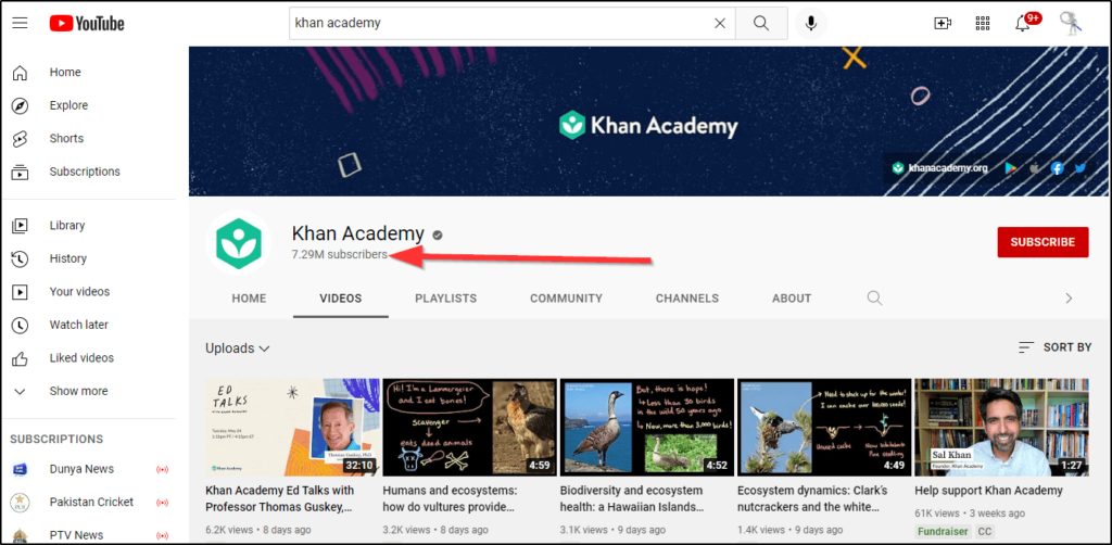 Khan Academy YouTube Channel page, red arrow pointing at 7.29M subscribers