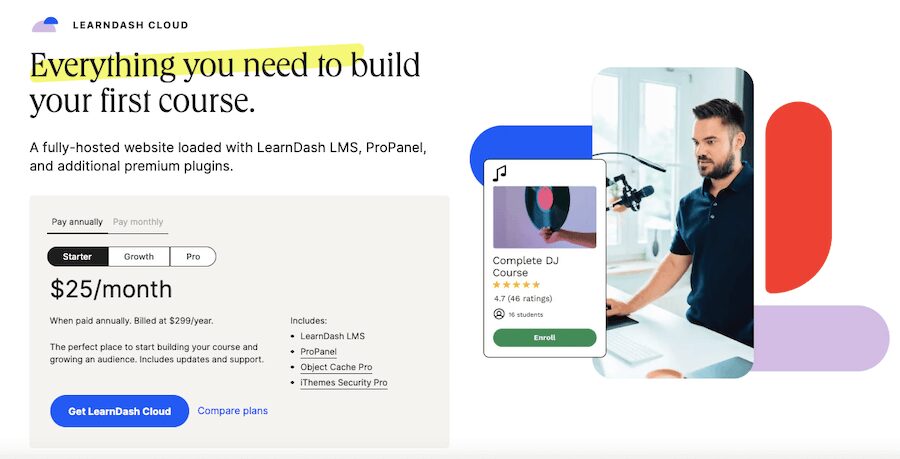 Homepage of Learndash Cloud
pricing and Get LearnDash Cloud button