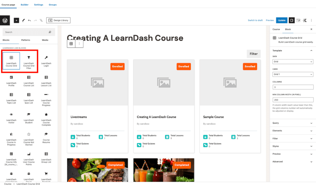 Course Page
Creating A LearnDash Course
Red box around
LearnDash Course Grid
LearnDash Course Grid Fliter