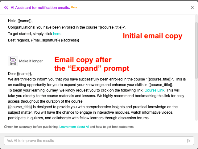 AI assistant email copy when you asked to make it longer