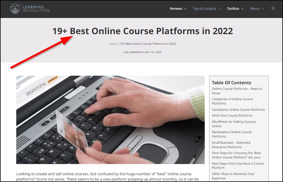 Learning Revolution post - "19+ Best Online Course Platforms in 2022" with red arrow pointing at title
