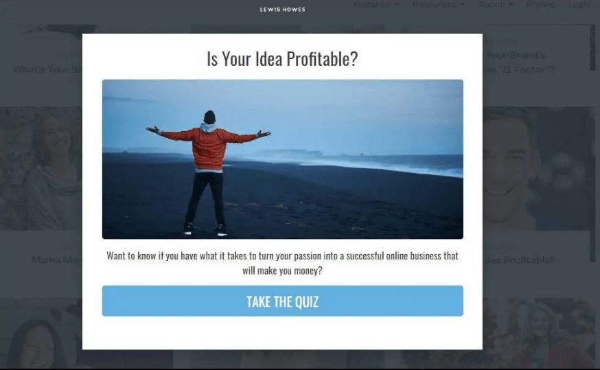 Lewis Howes lead magnet example: "Is your idea profitable? Take the Quiz"