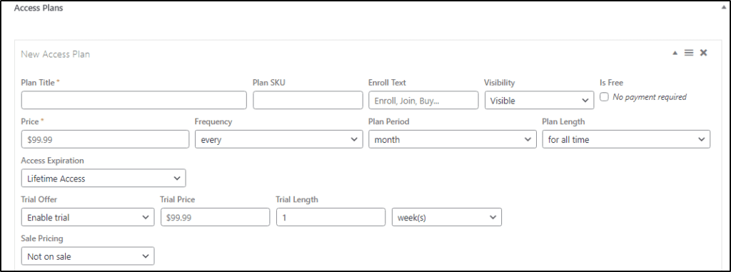 Access Plans menu, options to create a new access plan