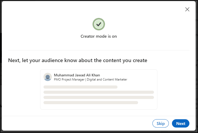 LinkedIn Live menu showing "Creator Mode is On"