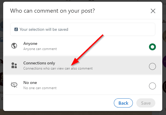 Who can comment on your post?, arrow pointing at "Connections only"