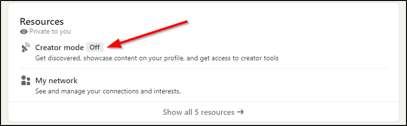 LinkedIn Live Resources menu, arrow pointing at "creator mode, off" 