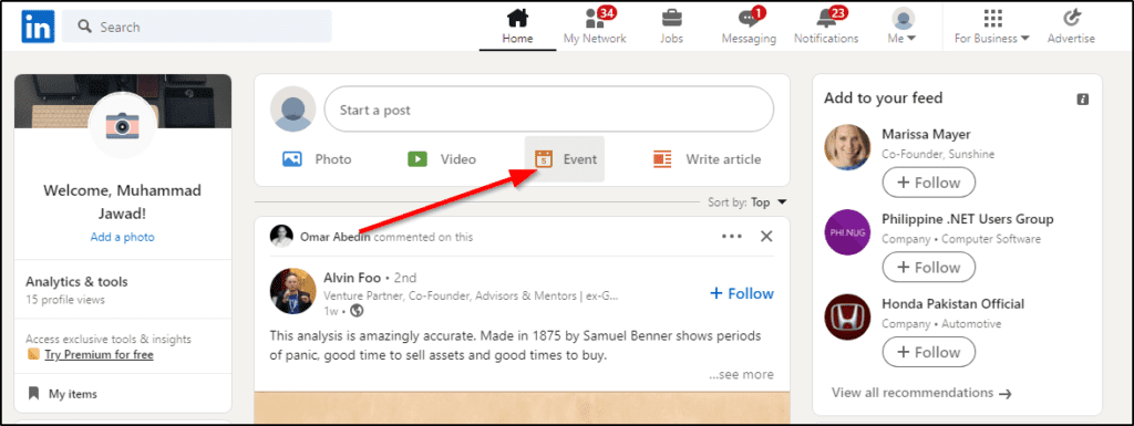 arrow pointing at Event tab from LinkedIn timeline