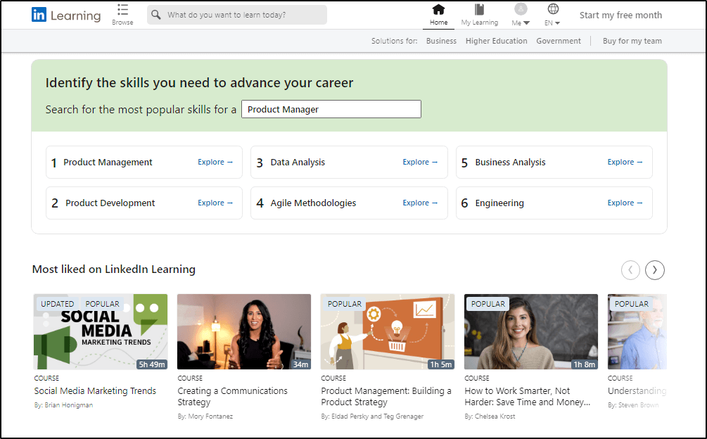 LinkedIn Learning - What do you want to learn today? Menu to "Identify the skills you need to advance your career"