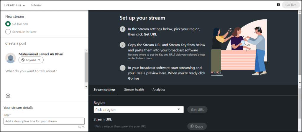 Menu to "Set up your stream", stream settings, Pick a region