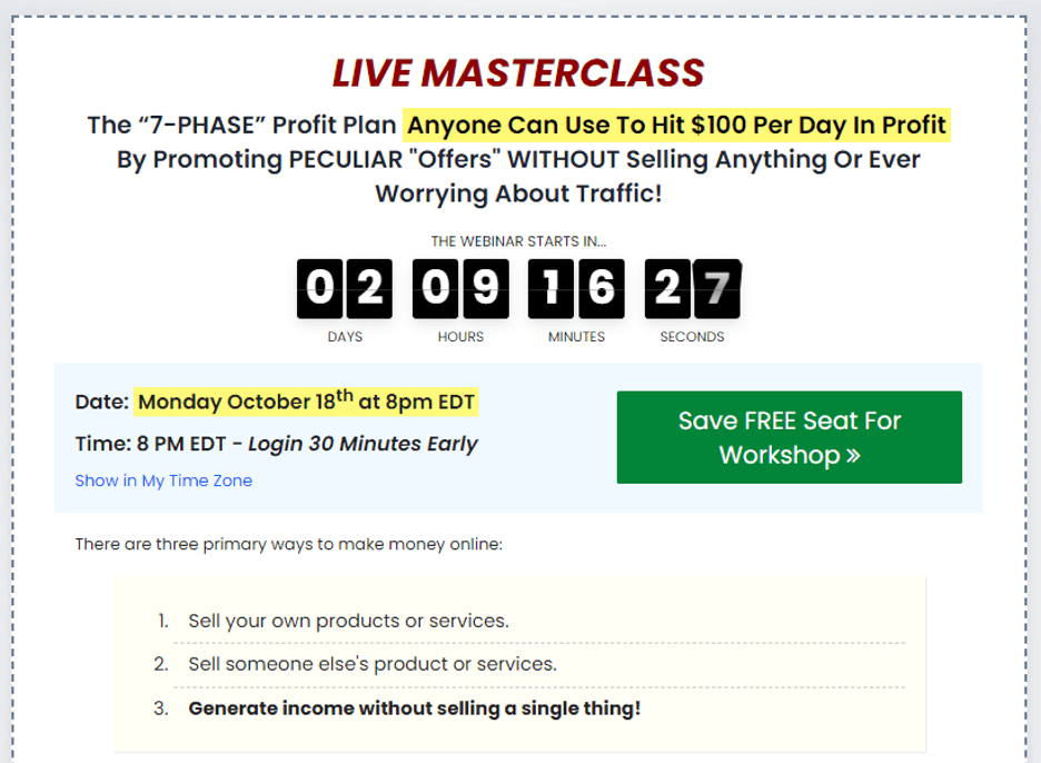 Live Online Masterclass sign-up example
